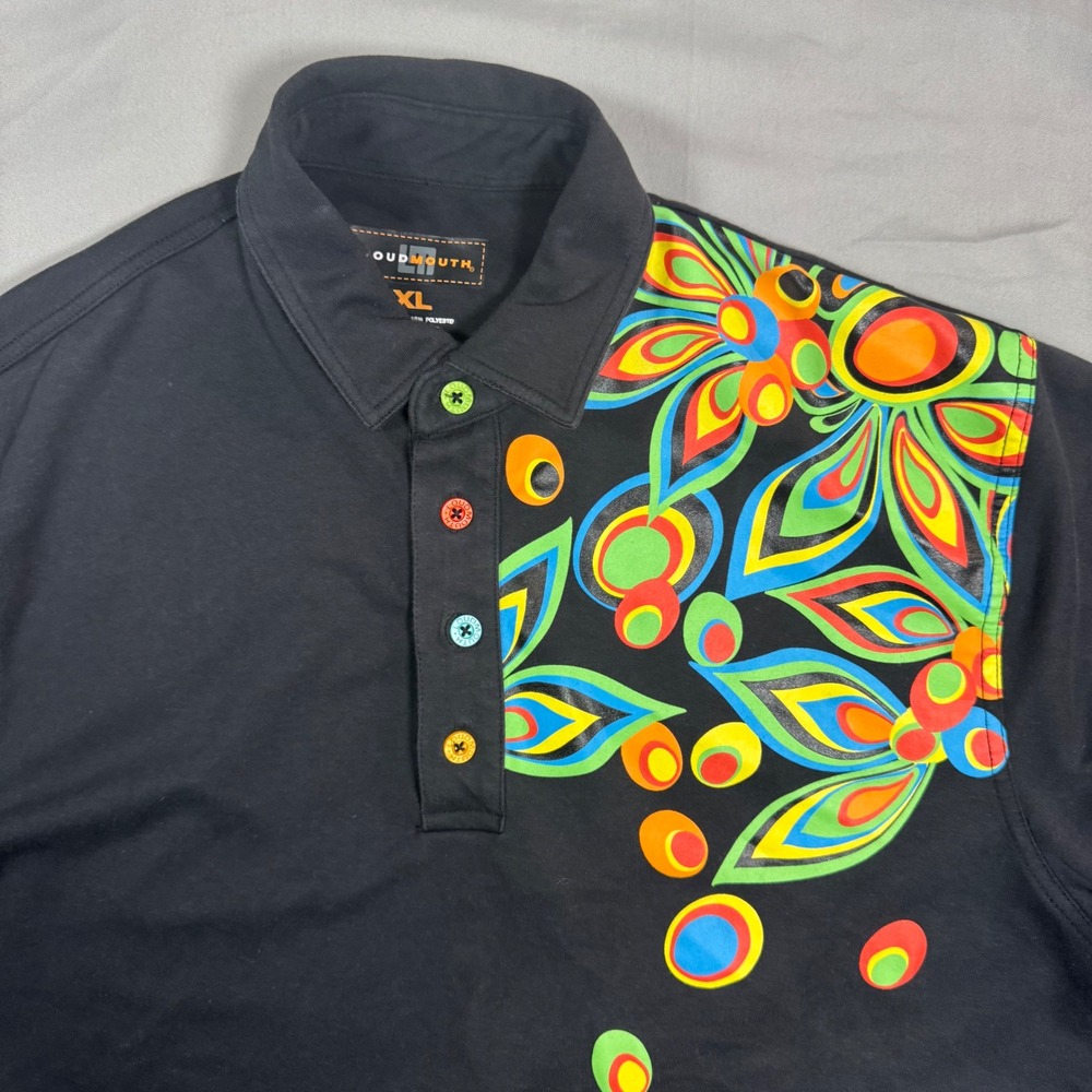 Loudmouth Golf Polo Shirt Mens XL Black Psychedelic Floral Multi Color Neon